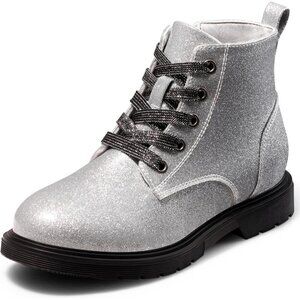 🆕Girls Ankle Boots Sliver Glitter Combat Zipper Lace Up Winter Dress Boot